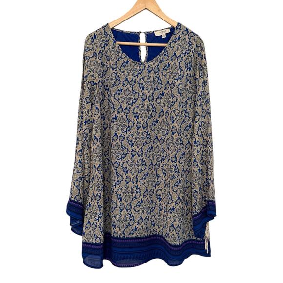 Umgee Blue Boho Shift Dress Open Fringe Sleeves Lined Paisley Print L Fall Boho - Picture 1 of 11